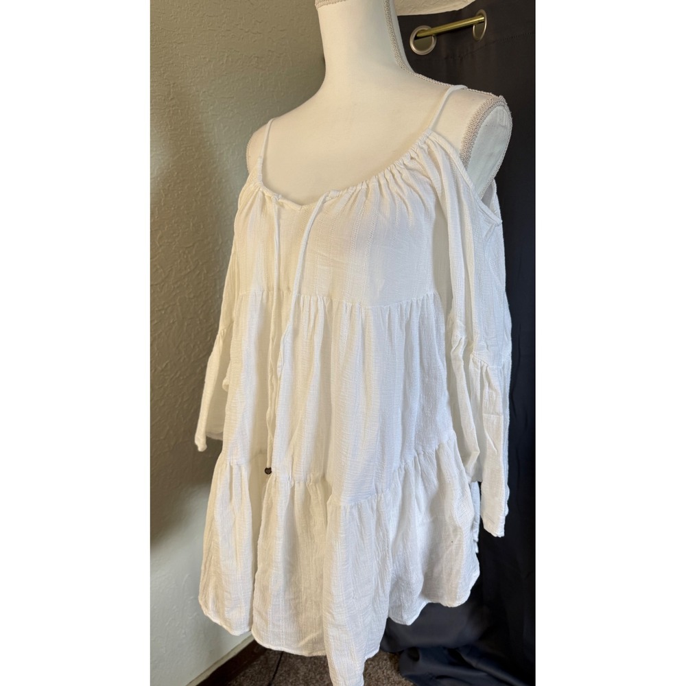 Ale by Alessandra White Cotton Gauze Cold Shoulder Tiered Tunic Top XS/XP